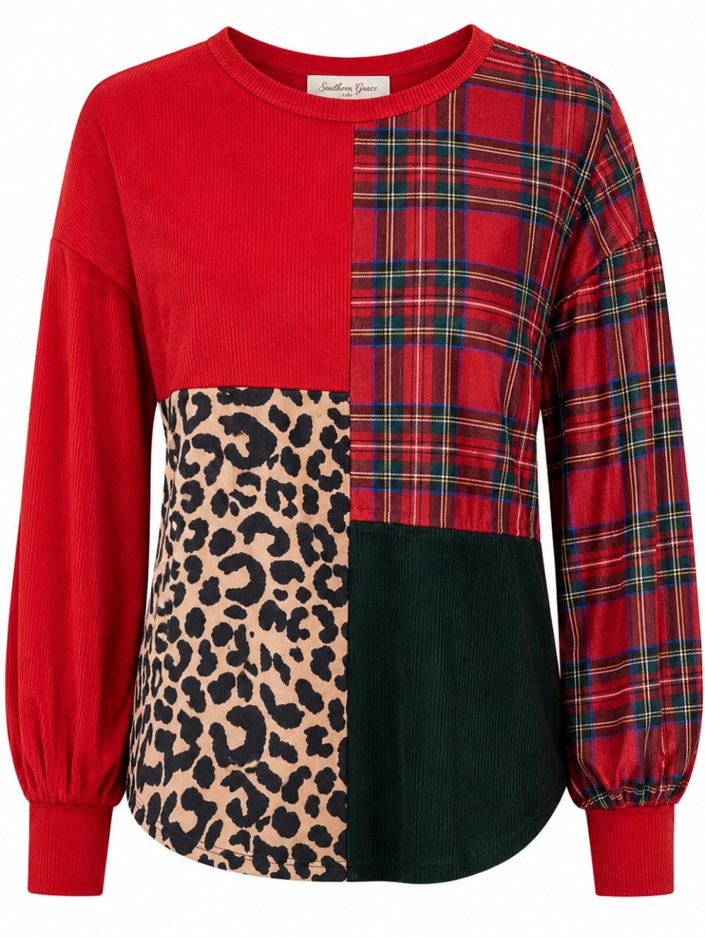 SOUTHERN GRACE | NWT Red Plaid Leopard Animal Print Colorblock Corduroy Top |‎ M